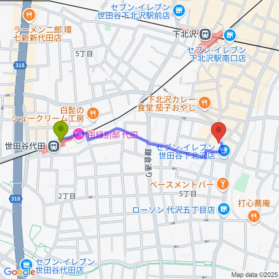 世田谷代田駅から下北沢440へのルートマップ地図