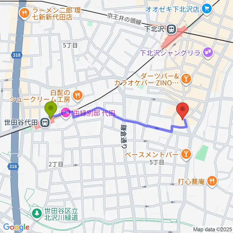 世田谷代田駅から下北沢440へのルートマップ地図