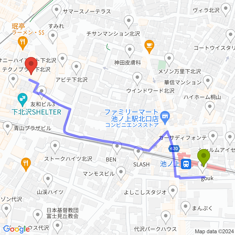 池ノ上駅から北沢タウンホールへのルートマップ地図