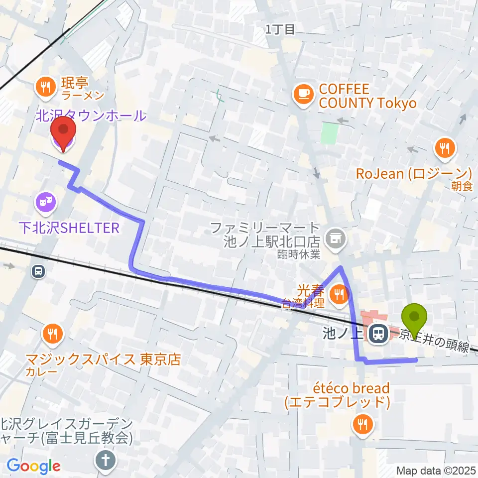 池ノ上駅から北沢タウンホールへのルートマップ地図