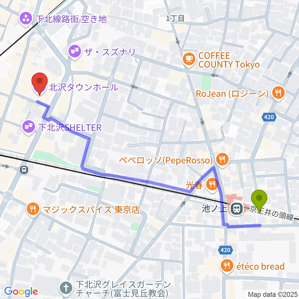 池ノ上駅から北沢タウンホールへのルートマップ地図
