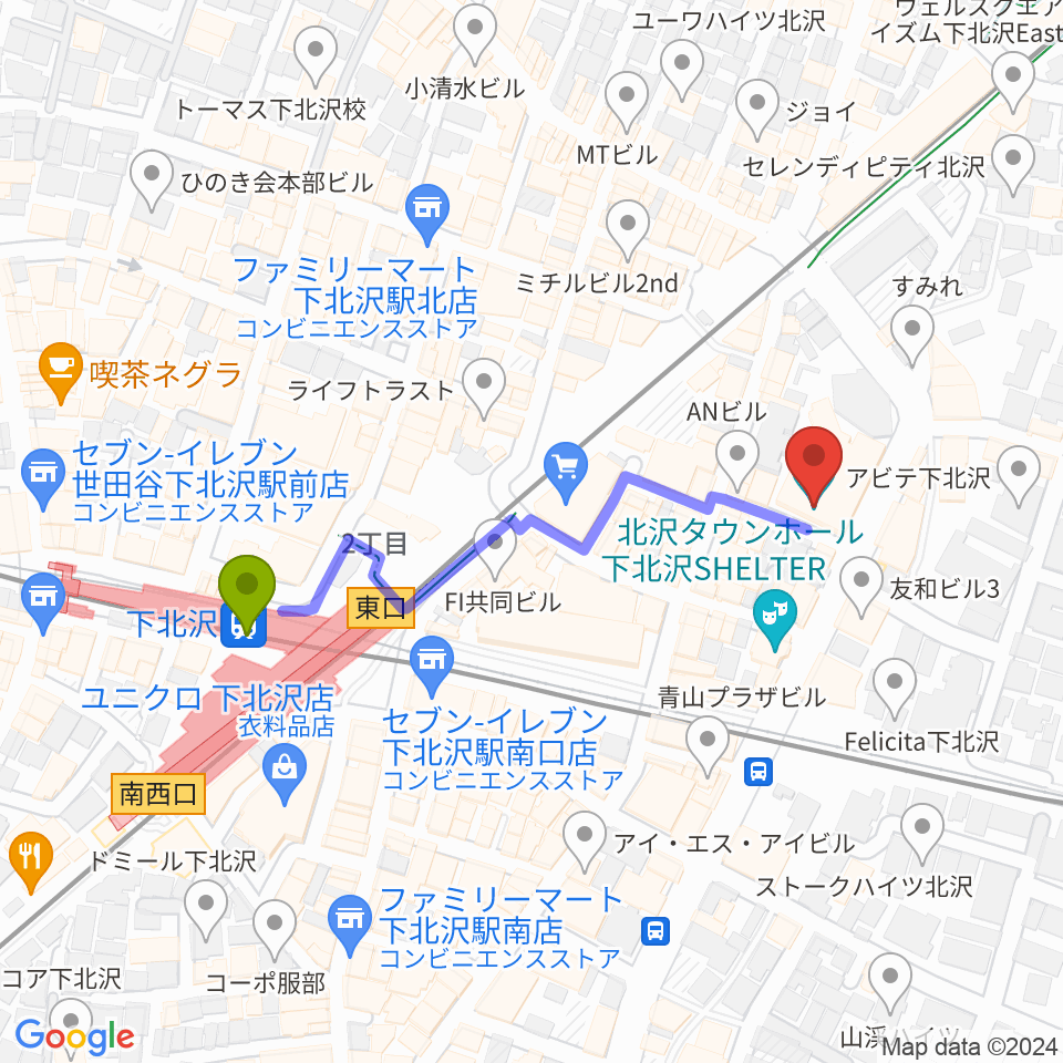 北沢タウンホールの最寄駅下北沢駅からの徒歩ルート（約4分）地図