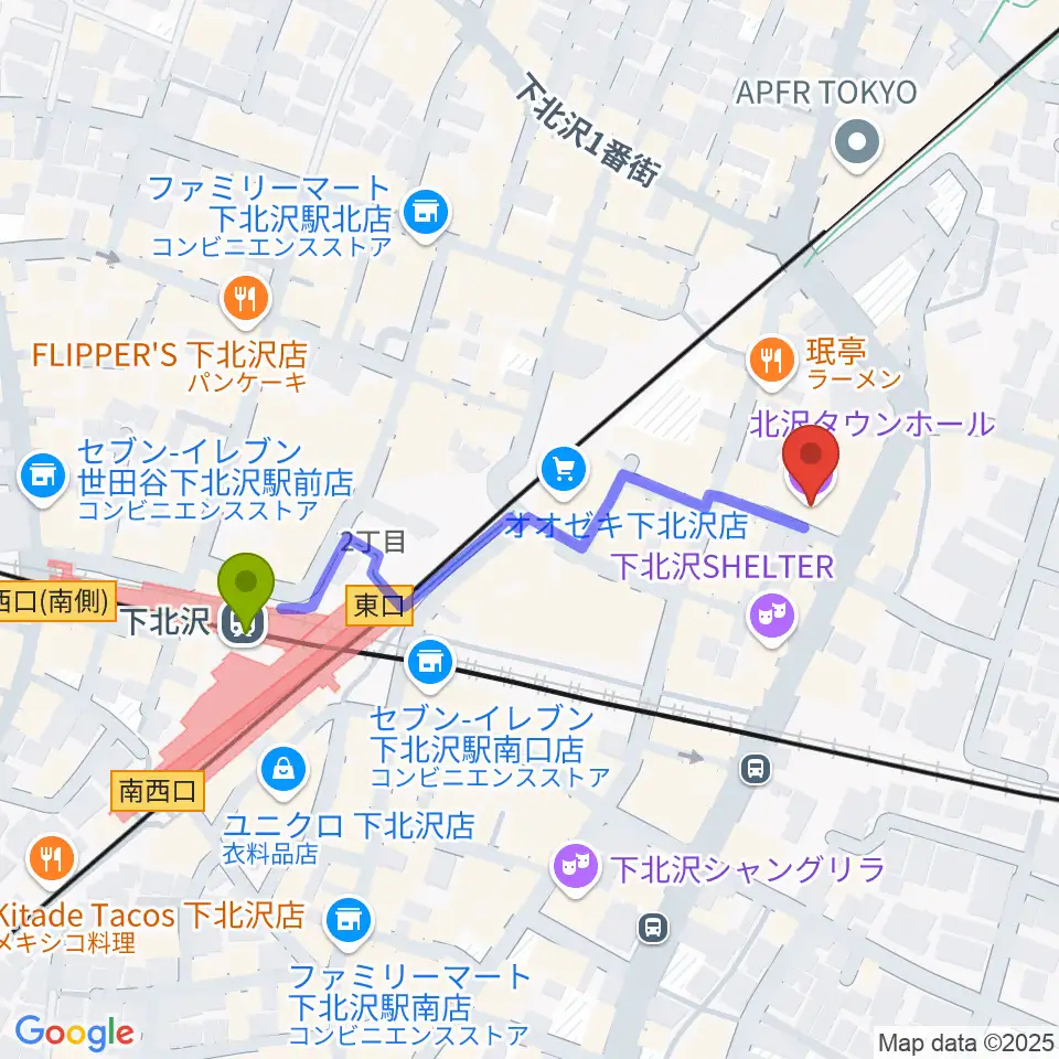 北沢タウンホールの最寄駅下北沢駅からの徒歩ルート（約4分）地図