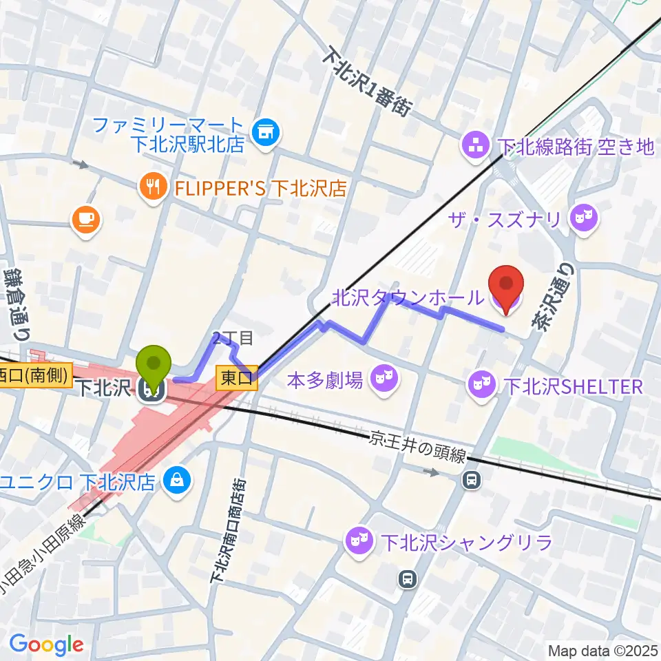 北沢タウンホールの最寄駅下北沢駅からの徒歩ルート（約4分）地図