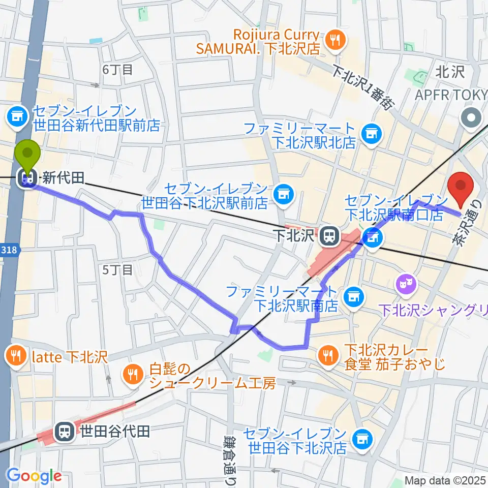 新代田駅から北沢タウンホールへのルートマップ地図