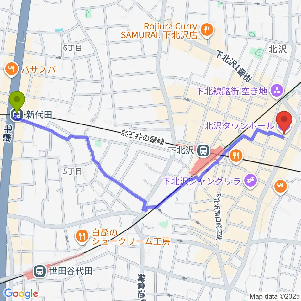 新代田駅から北沢タウンホールへのルートマップ地図