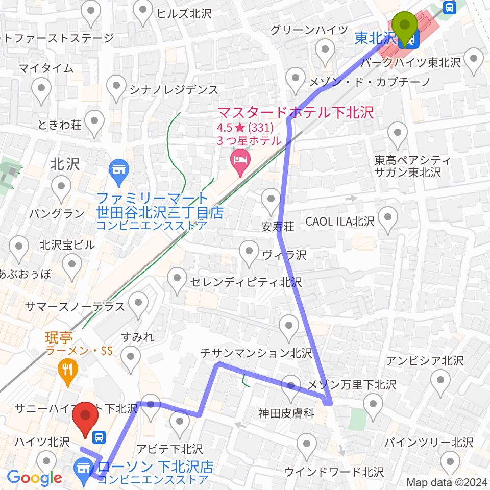 東北沢駅から北沢タウンホールへのルートマップ地図