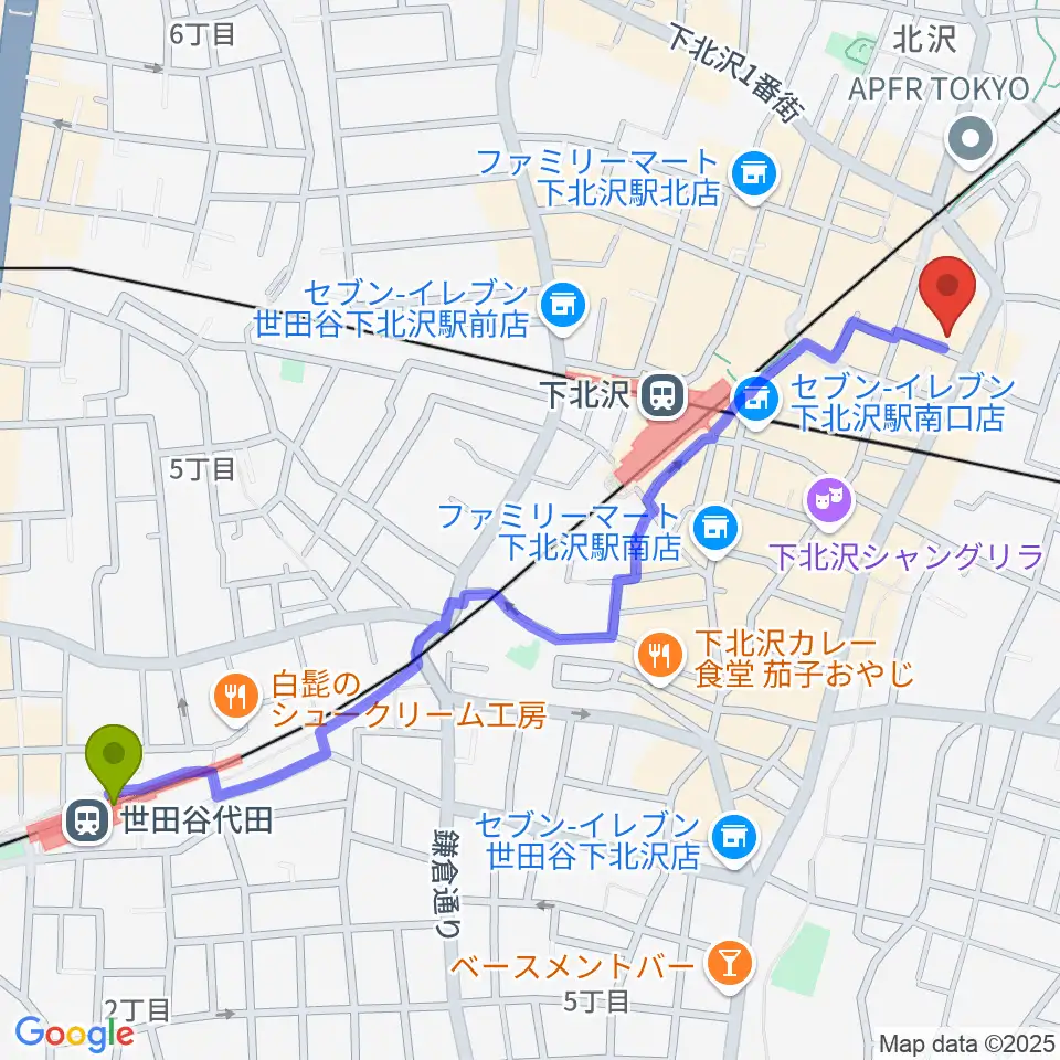 世田谷代田駅から北沢タウンホールへのルートマップ地図