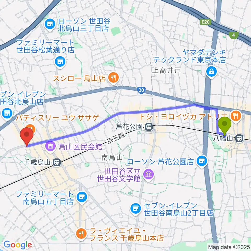 八幡山駅から千歳烏山TUBOへのルートマップ地図