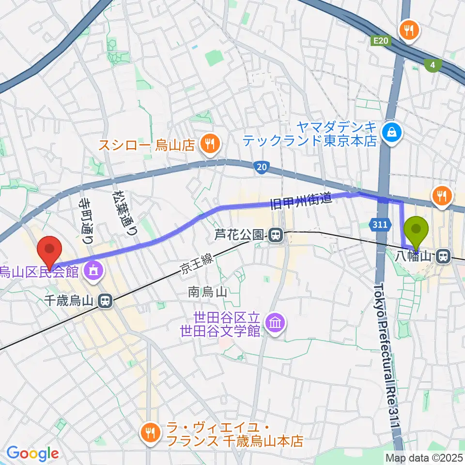 八幡山駅から千歳烏山TUBOへのルートマップ地図
