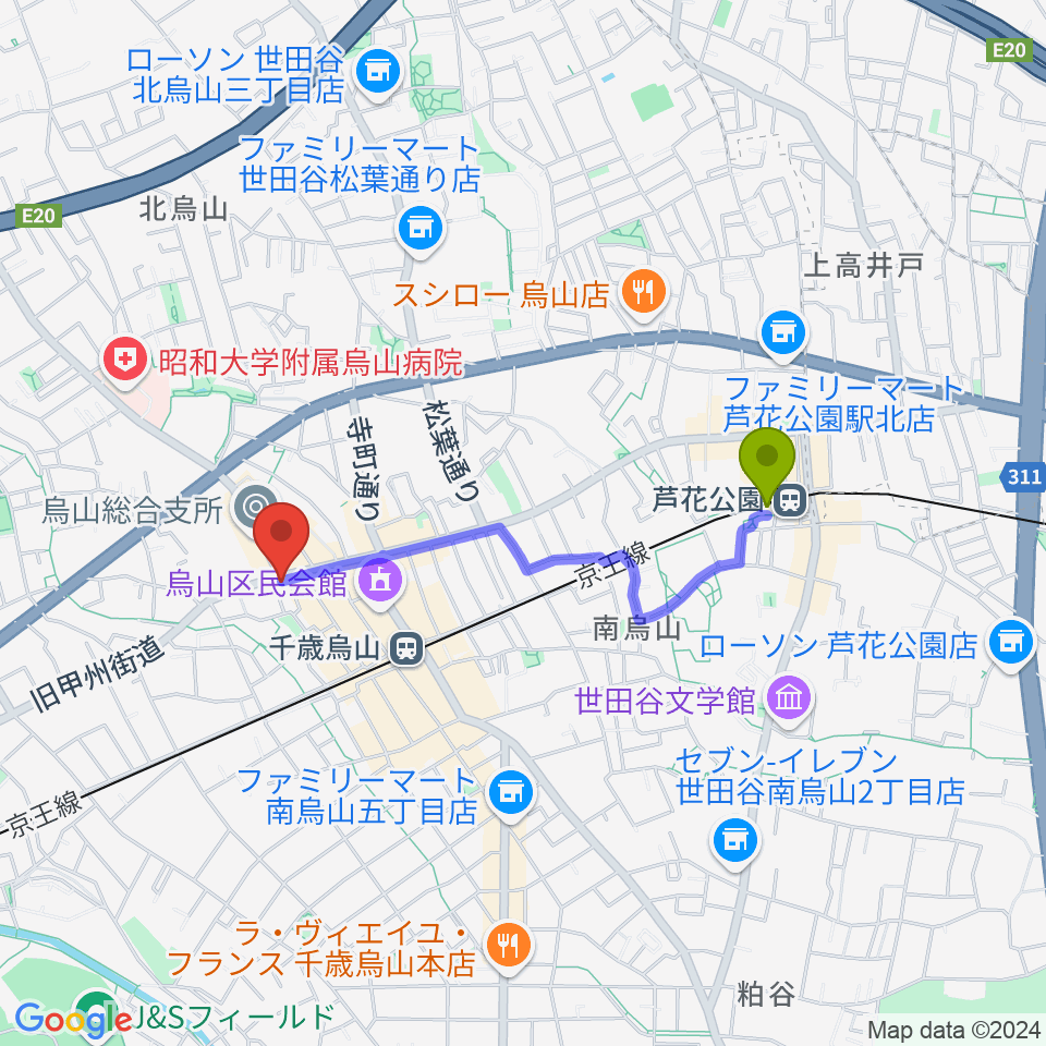 芦花公園駅から千歳烏山TUBOへのルートマップ地図