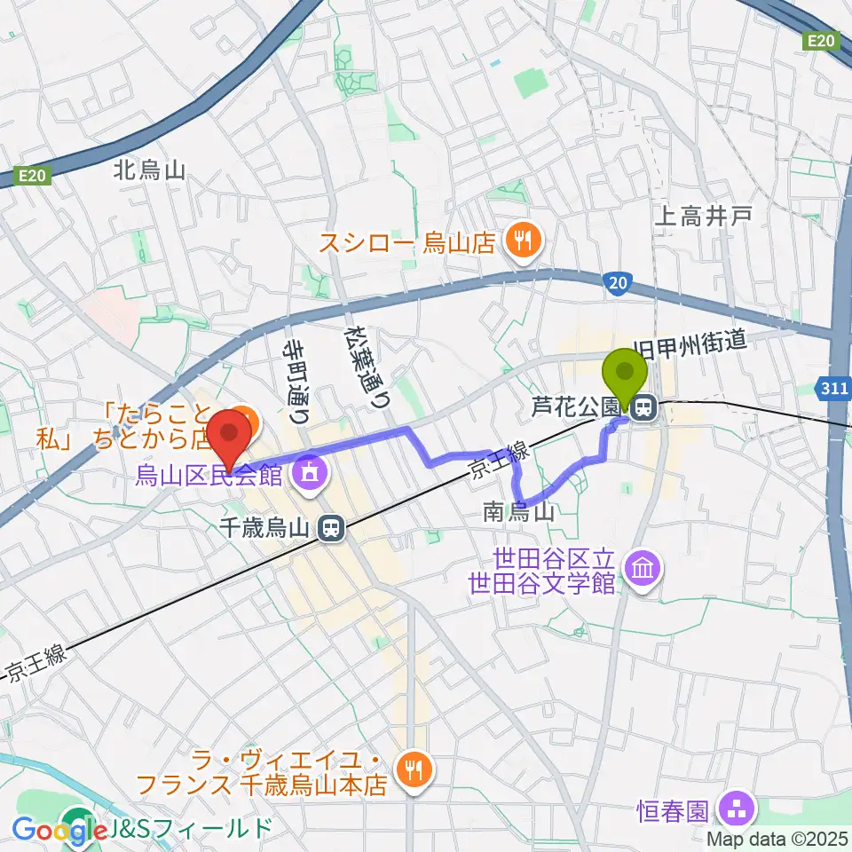 芦花公園駅から千歳烏山TUBOへのルートマップ地図