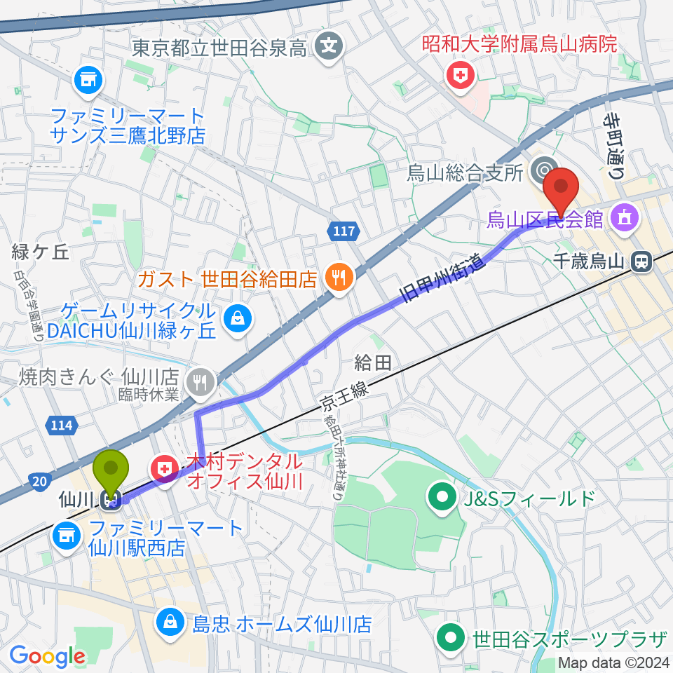 仙川駅から千歳烏山TUBOへのルートマップ地図