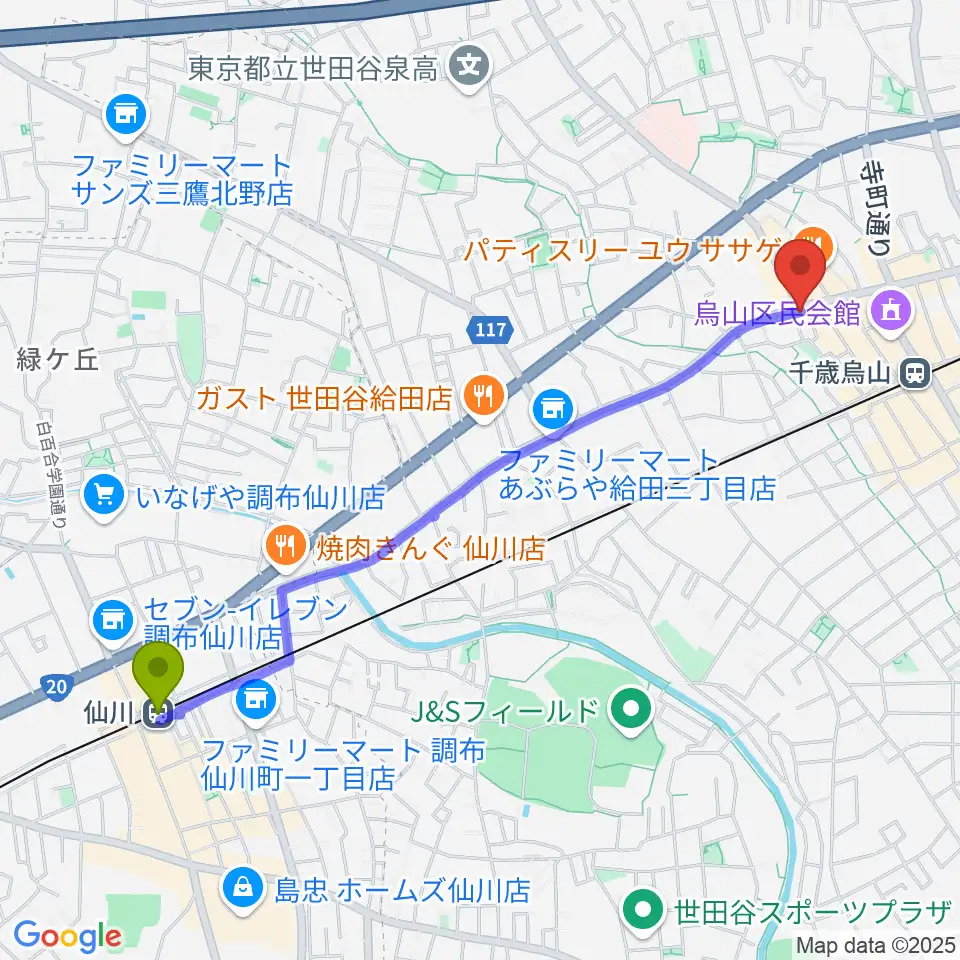 仙川駅から千歳烏山TUBOへのルートマップ地図