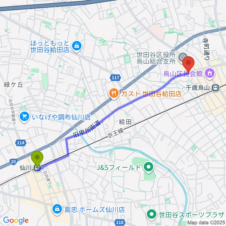 仙川駅から千歳烏山TUBOへのルートマップ地図