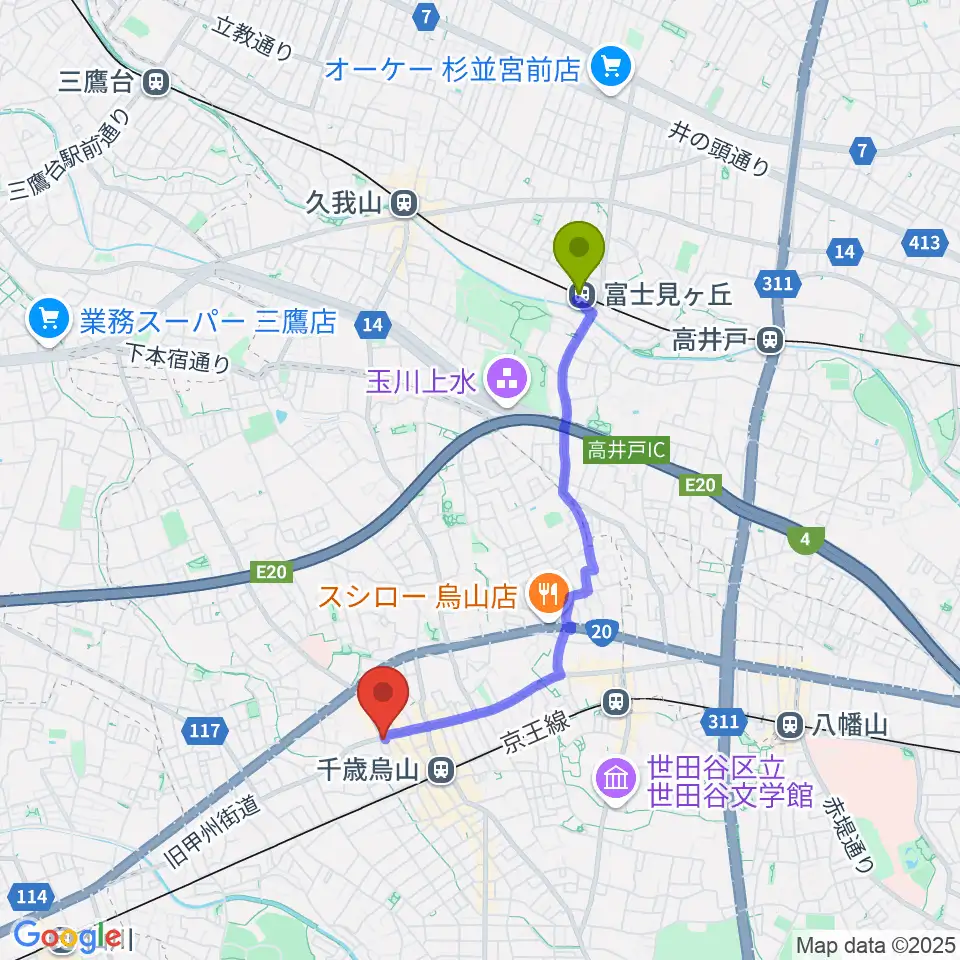富士見ヶ丘駅から千歳烏山TUBOへのルートマップ地図