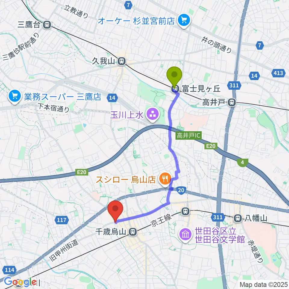富士見ヶ丘駅から千歳烏山TUBOへのルートマップ地図