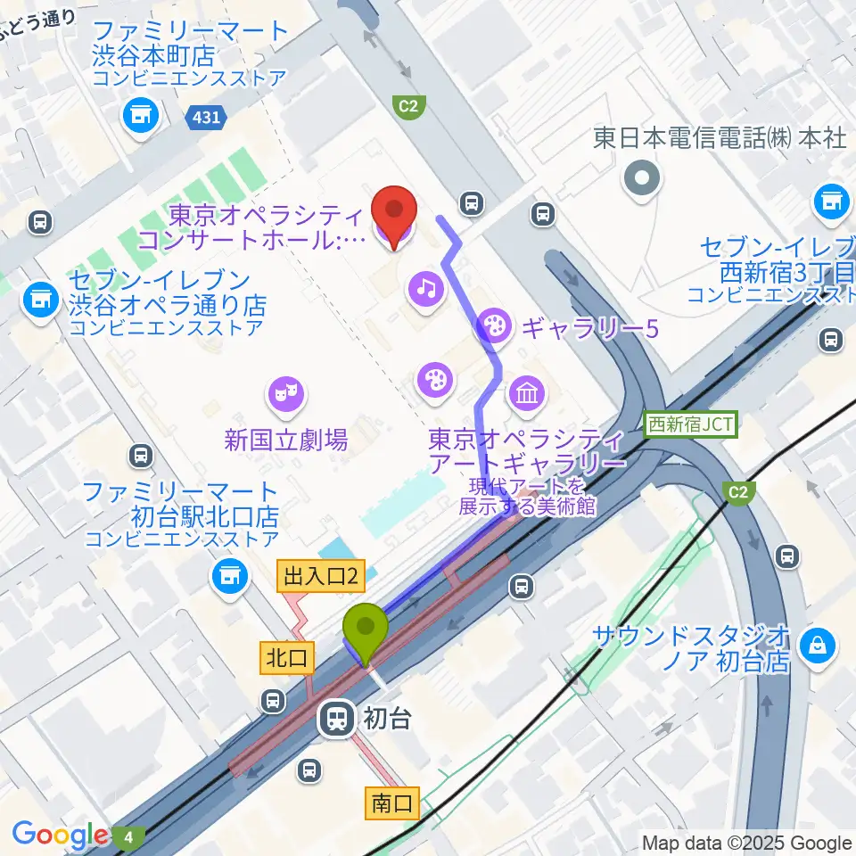 初台駅から東京オペラシティへのルートマップ地図