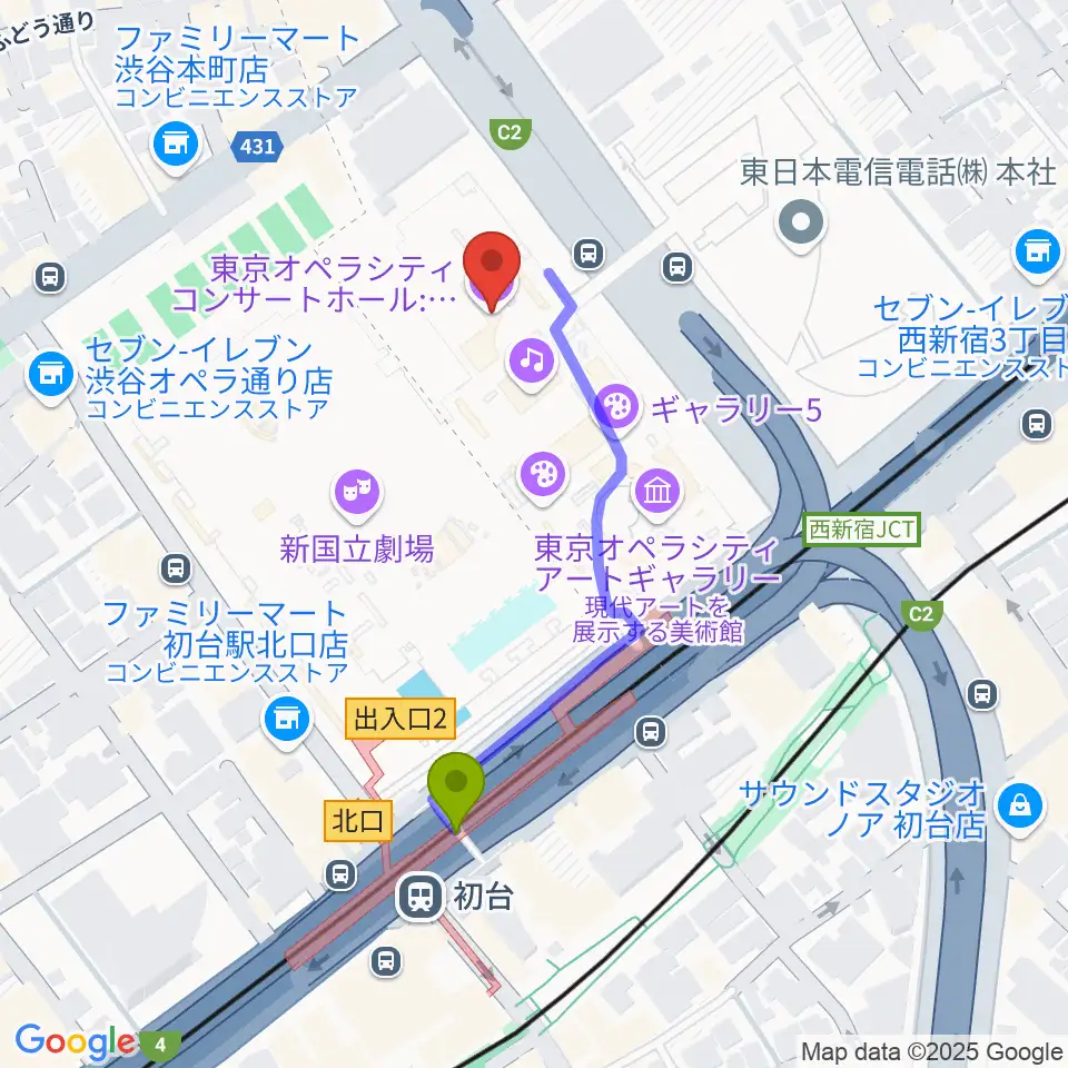 東京オペラシティの最寄駅初台駅からの徒歩ルート（約4分）地図