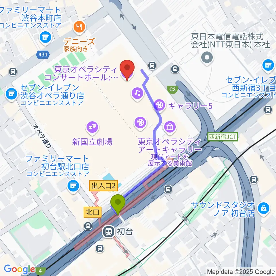 東京オペラシティの最寄駅初台駅からの徒歩ルート（約4分）地図