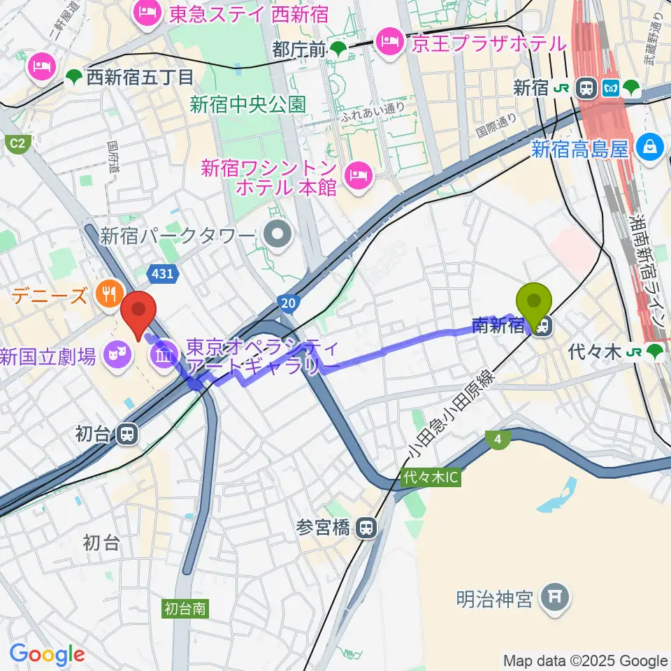 南新宿駅から東京オペラシティへのルートマップ地図