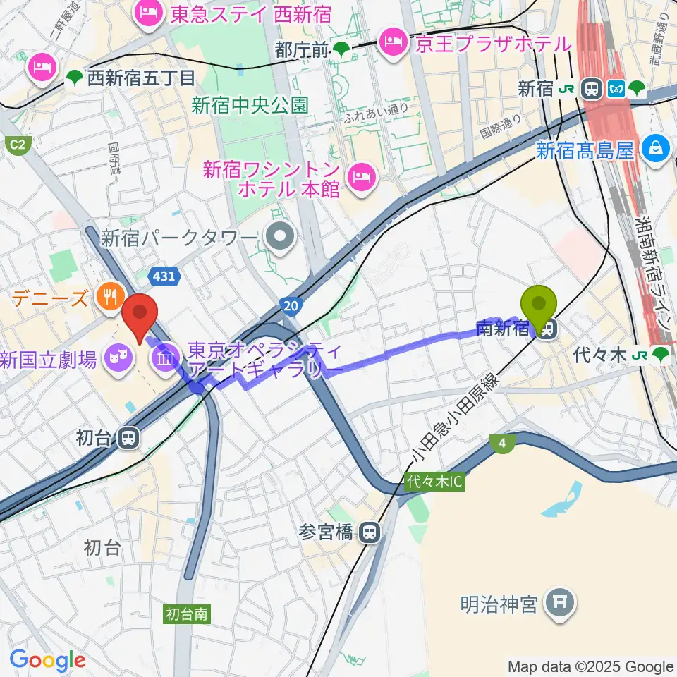 南新宿駅から東京オペラシティへのルートマップ地図