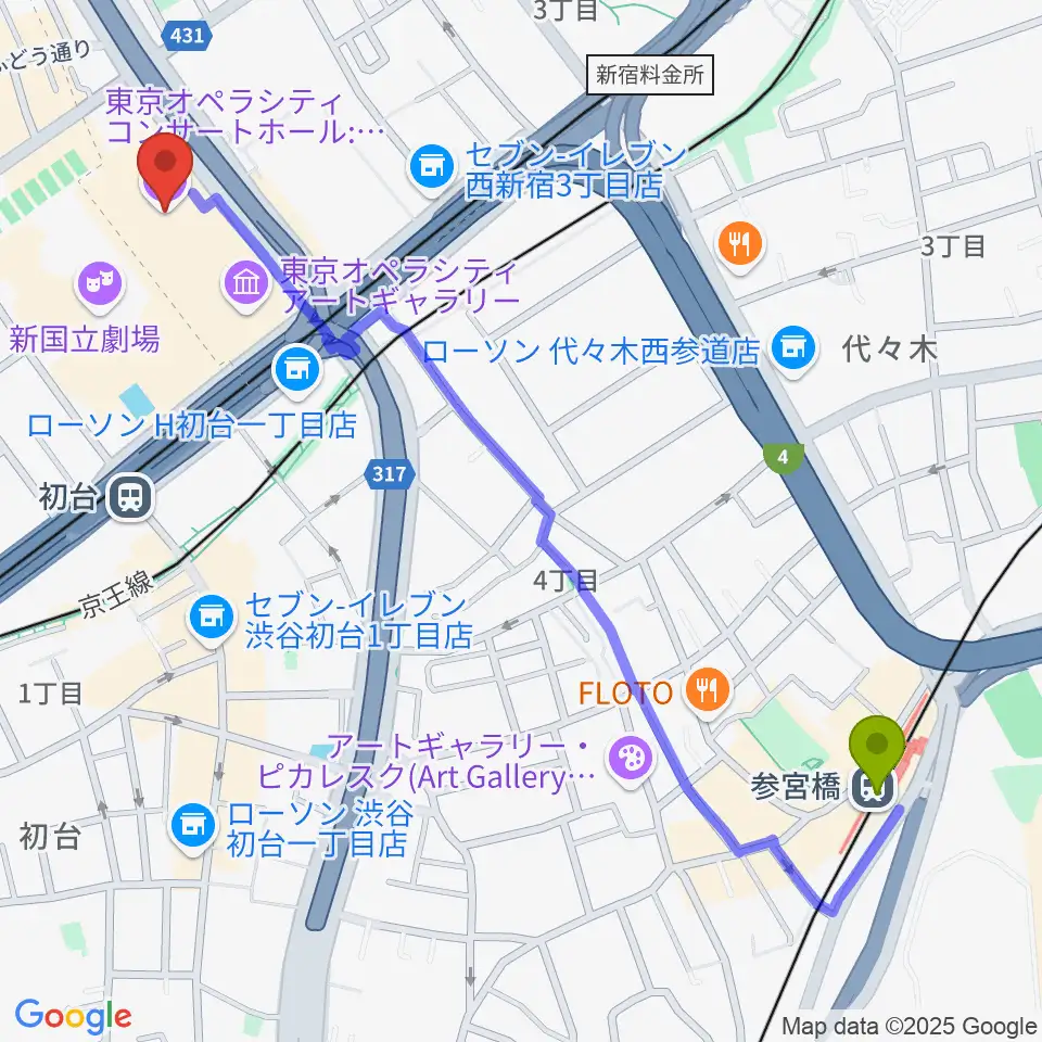 参宮橋駅から東京オペラシティへのルートマップ地図