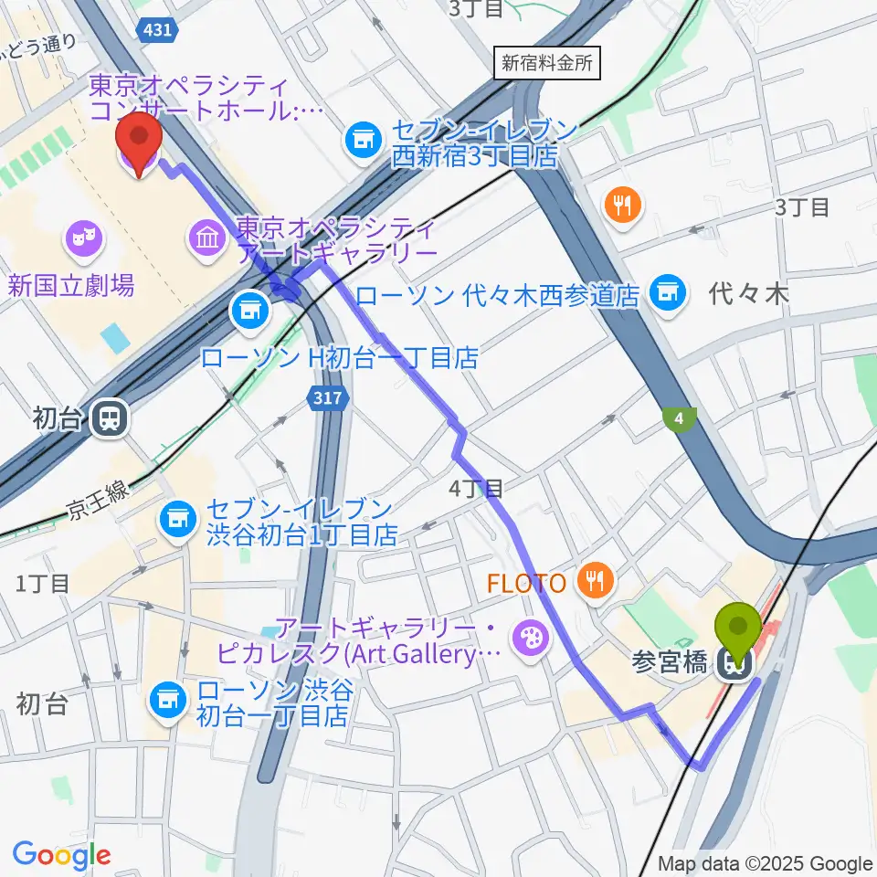 参宮橋駅から東京オペラシティへのルートマップ地図