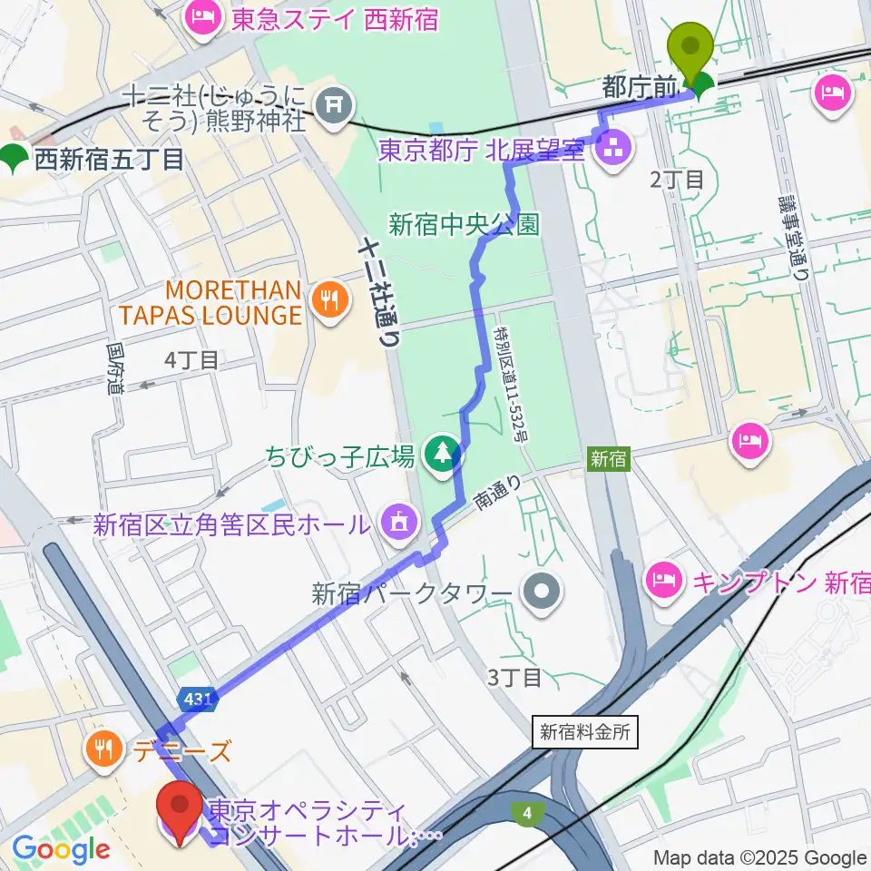 都庁前駅から東京オペラシティへのルートマップ地図
