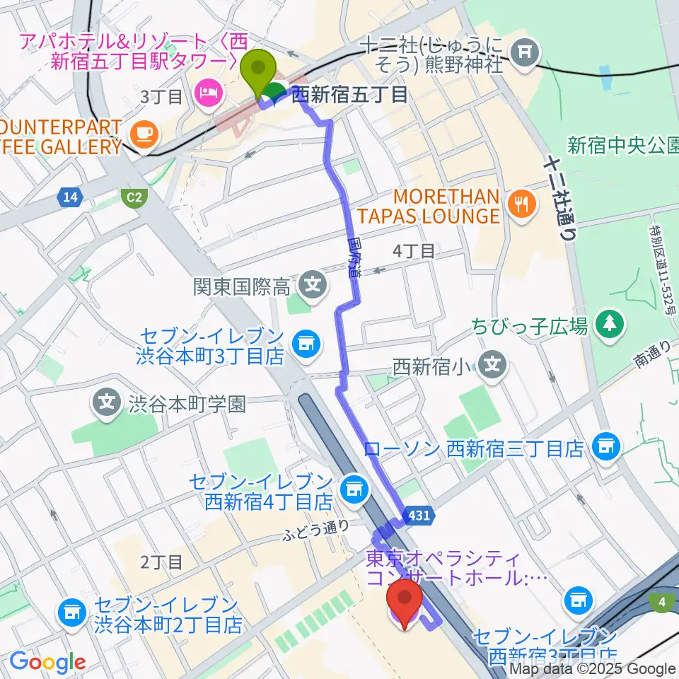 西新宿五丁目駅から東京オペラシティへのルートマップ地図
