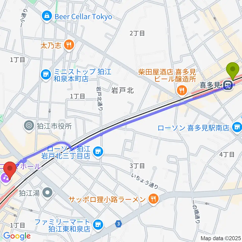 喜多見駅から狛江エコルマホールへのルートマップ地図