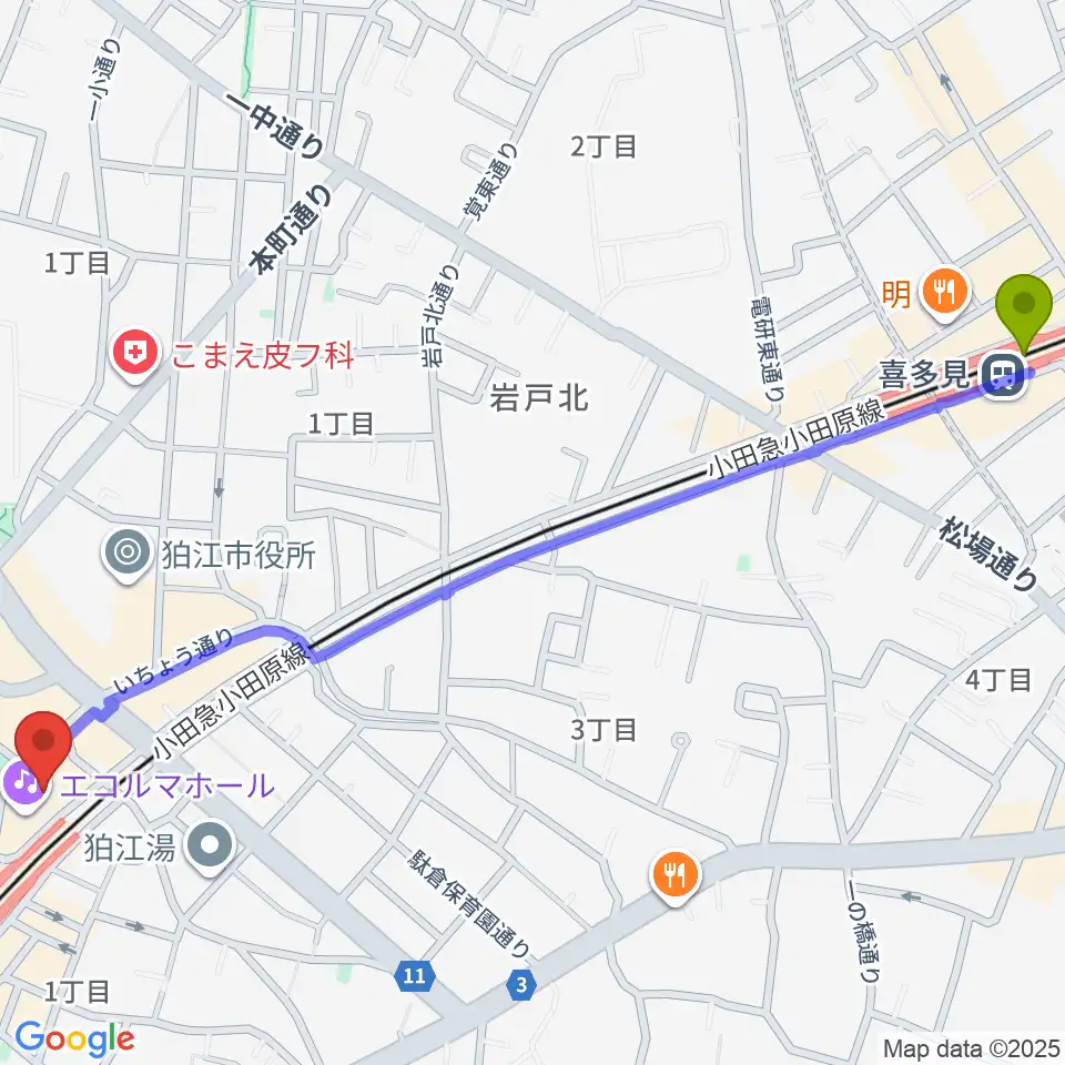 喜多見駅から狛江エコルマホールへのルートマップ地図