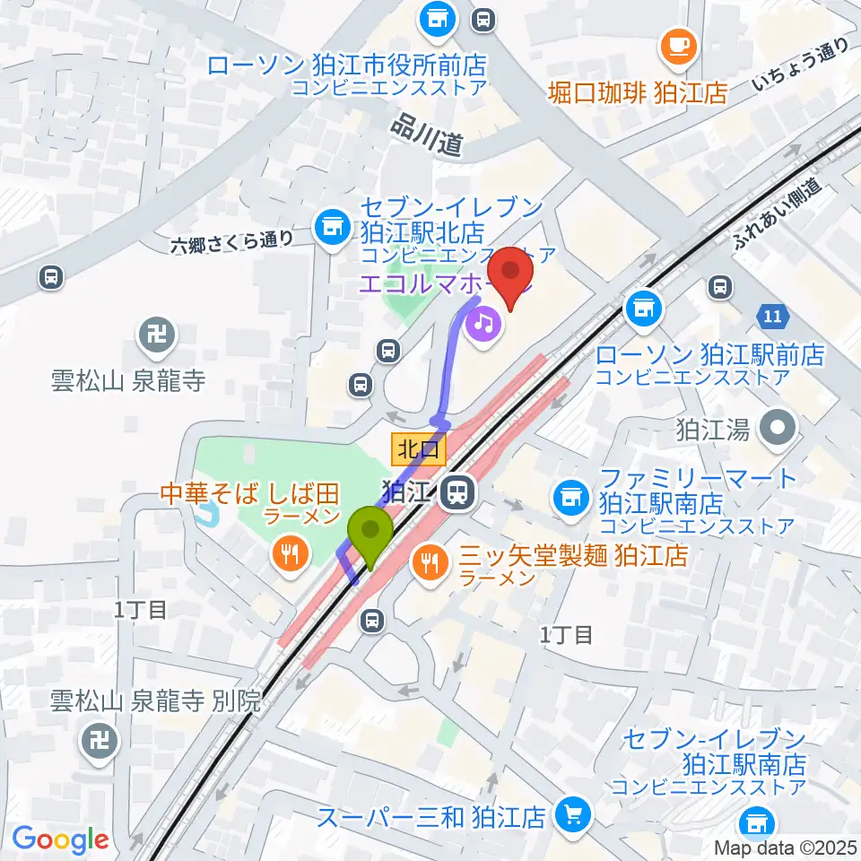 狛江エコルマホールの最寄駅狛江駅からの徒歩ルート（約3分）地図