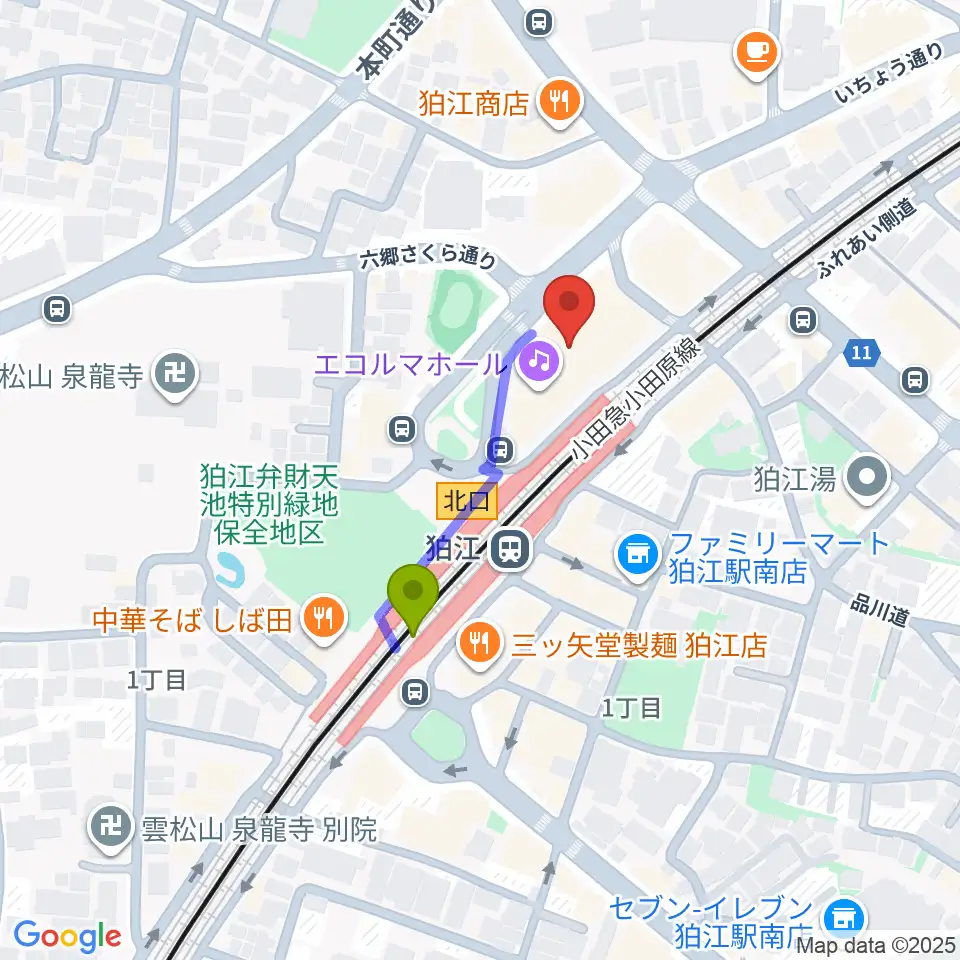 狛江エコルマホールの最寄駅狛江駅からの徒歩ルート（約3分）地図