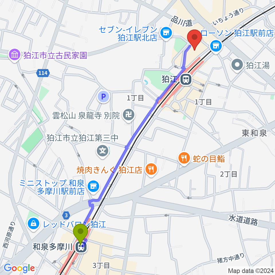 和泉多摩川駅から狛江エコルマホールへのルートマップ地図