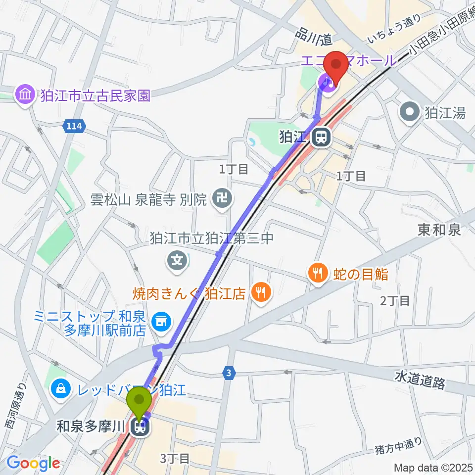 和泉多摩川駅から狛江エコルマホールへのルートマップ地図