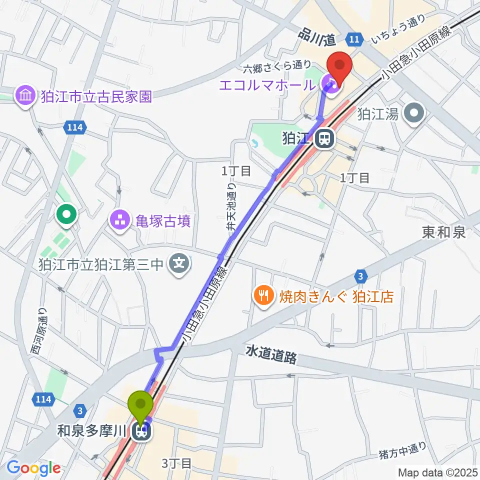 和泉多摩川駅から狛江エコルマホールへのルートマップ地図