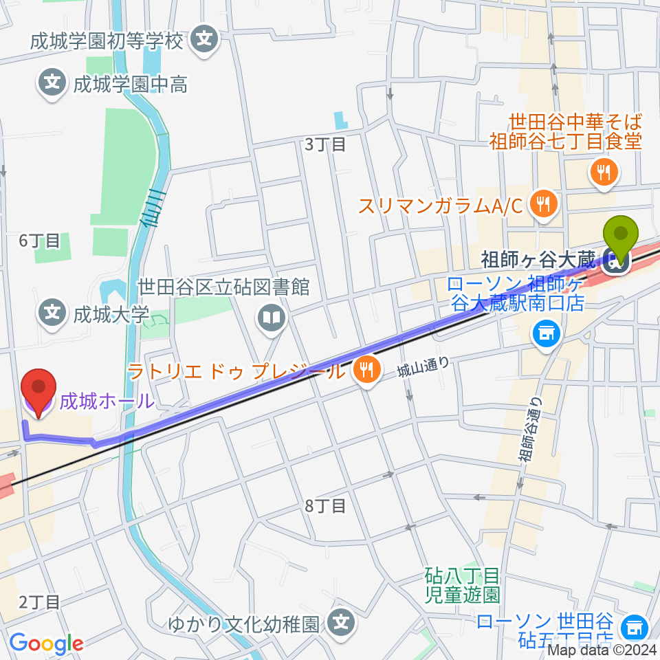 祖師ヶ谷大蔵駅から成城ホールへのルートマップ地図