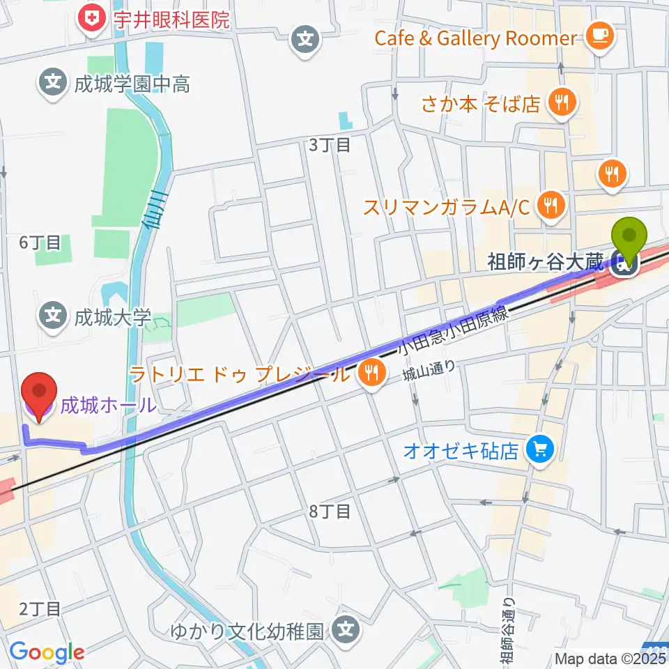 祖師ヶ谷大蔵駅から成城ホールへのルートマップ地図