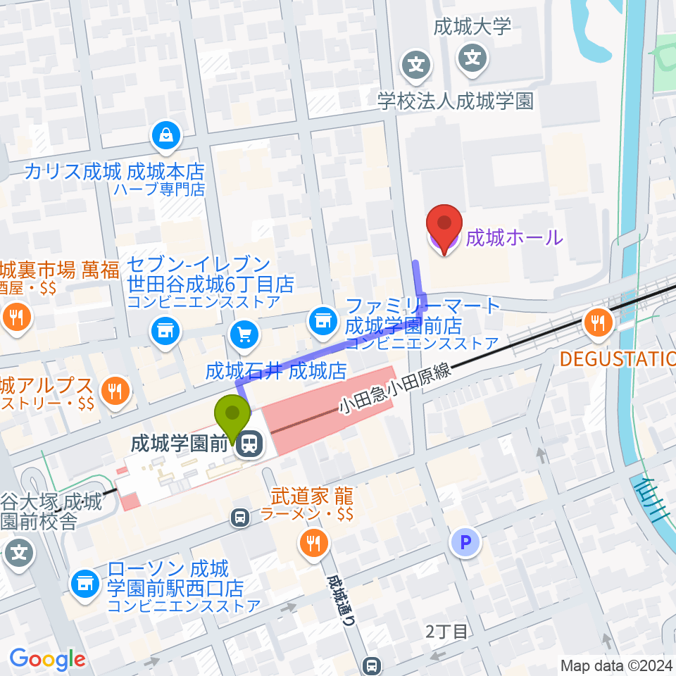 成城ホールの最寄駅成城学園前駅からの徒歩ルート（約3分）地図