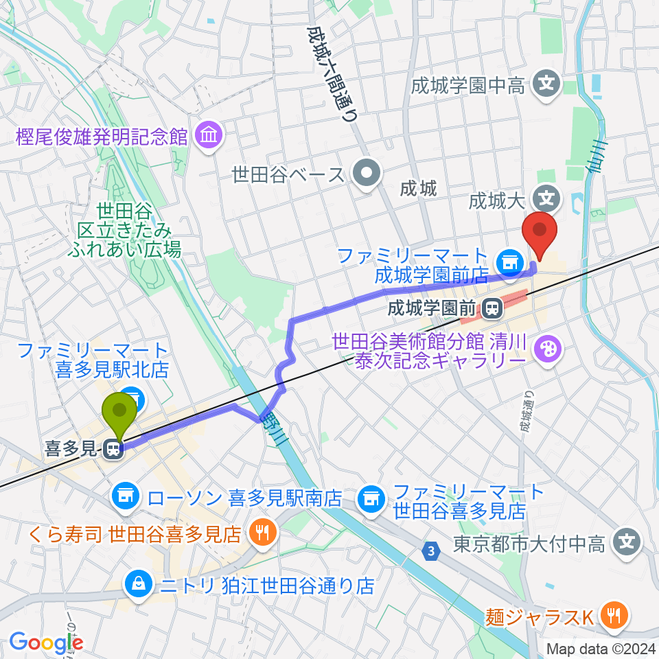 喜多見駅から成城ホールへのルートマップ地図