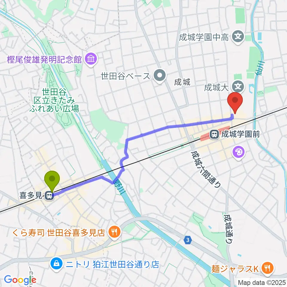喜多見駅から成城ホールへのルートマップ地図