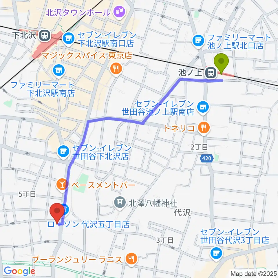 池ノ上駅から下北沢ビッグマウスへのルートマップ地図