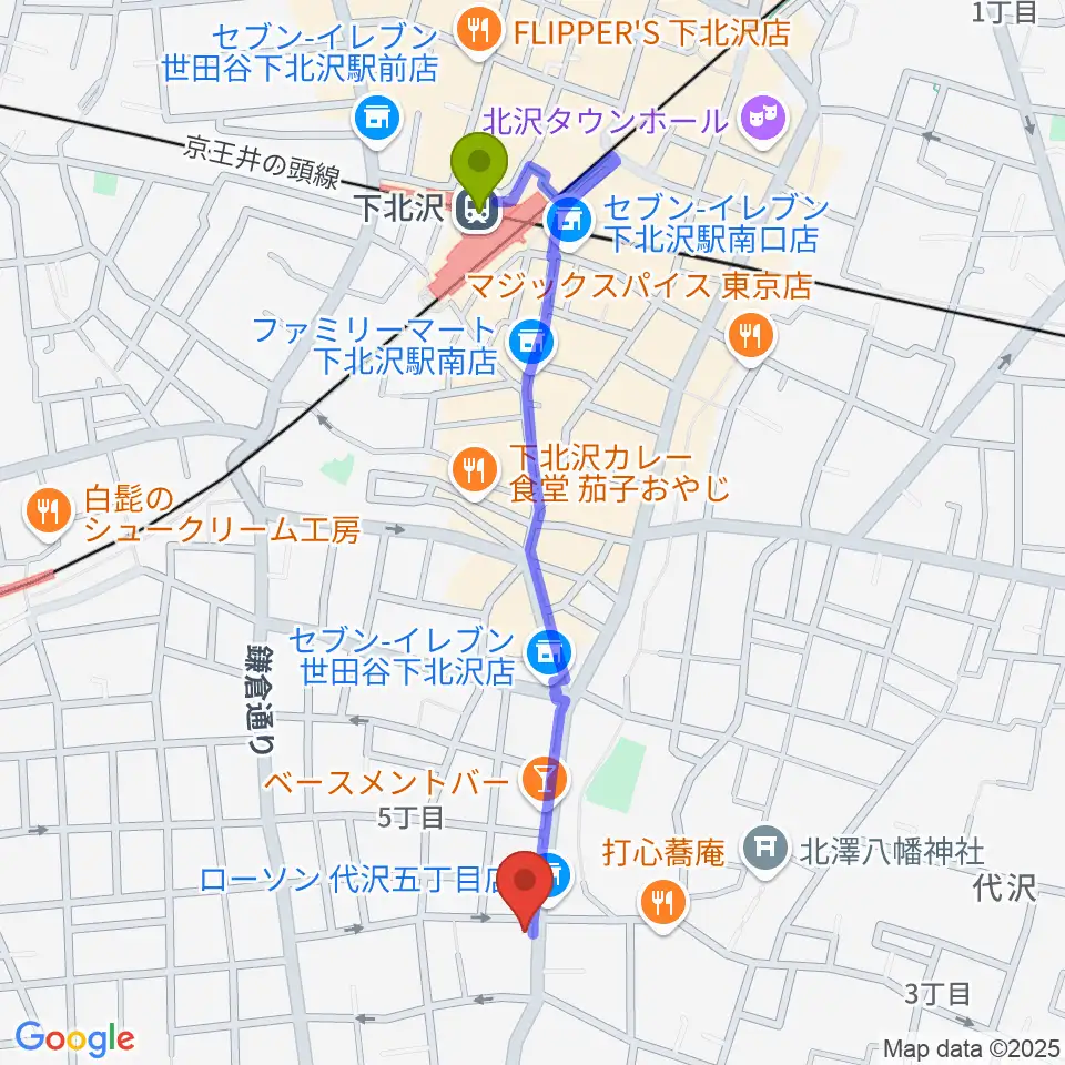下北沢駅から下北沢ビッグマウスへのルートマップ地図