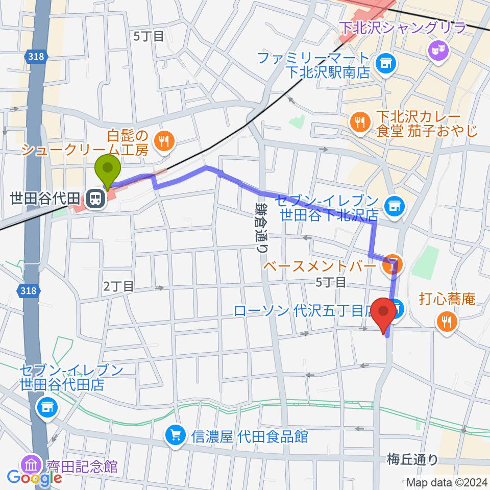 下北沢ビッグマウスの最寄駅世田谷代田駅からの徒歩ルート（約10分）地図