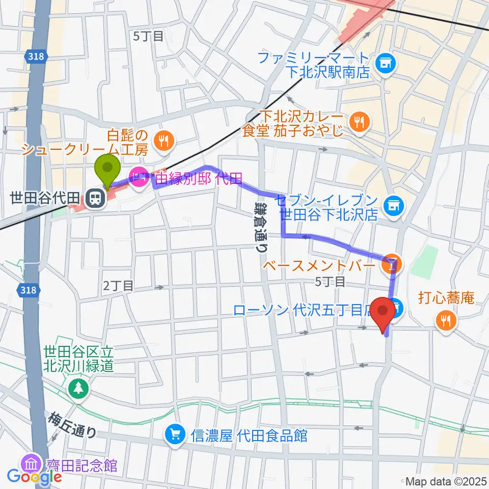 下北沢ビッグマウスの最寄駅世田谷代田駅からの徒歩ルート（約10分）地図