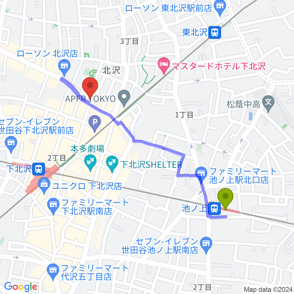 池ノ上駅から下北沢アーチストへのルートマップ地図