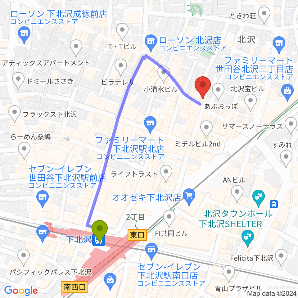 下北沢アーチストの最寄駅下北沢駅からの徒歩ルート（約5分）地図