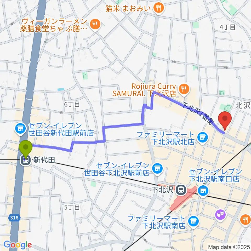 新代田駅から下北沢アーチストへのルートマップ地図