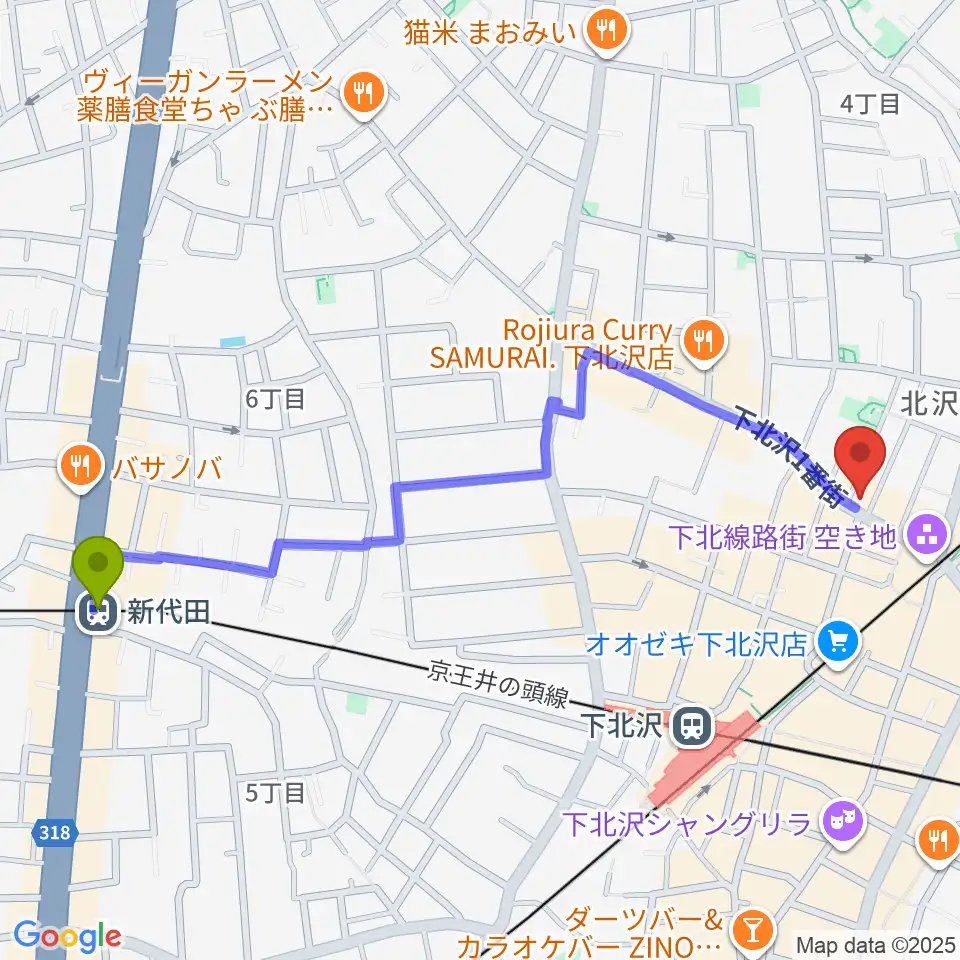 新代田駅から下北沢アーチストへのルートマップ地図